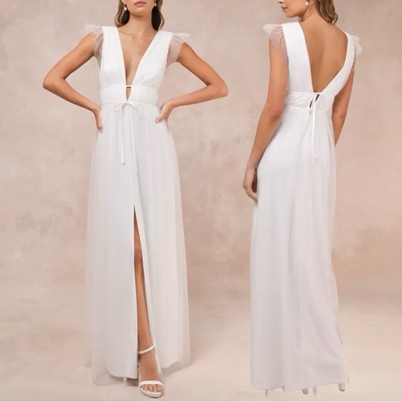 Lulus Dresses & Skirts - Lulu's White Plunge V-Neck Maxi Dress with Sheer Cap Sleeves